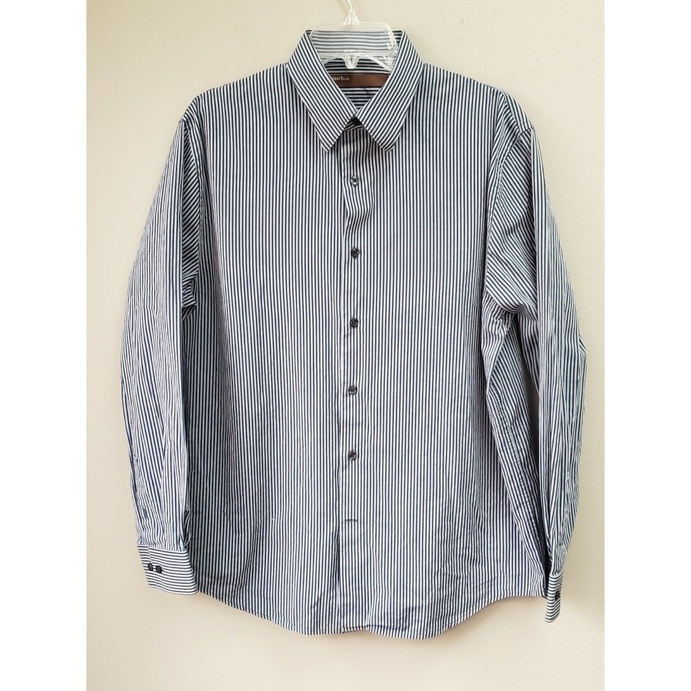 Mens Perry Ellis Button Down Dress Shirt Size Large Cotton Blue Stripe